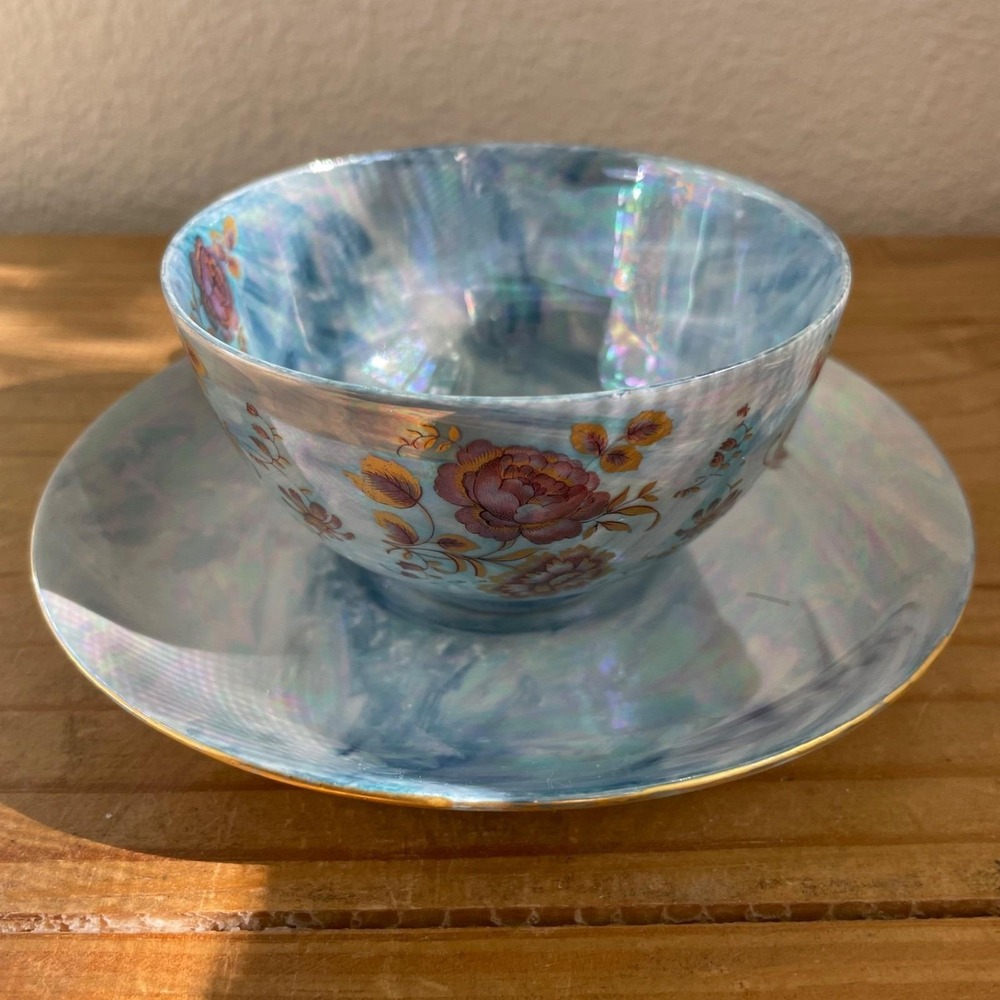 Vintage Blue Iridescent Teacup and Saucer Thomas Germany Lustreware Floral‎